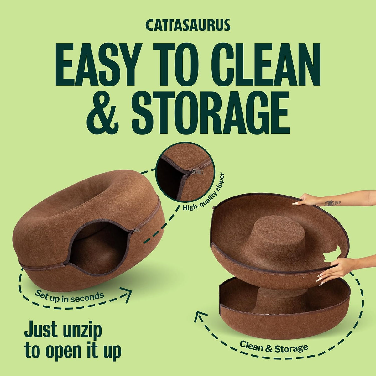 Cattasaurus Peekaboo Cat Cave Donut for Multiple & Large Cats up to 30-45 lbs, 3-in-1 Self Warming Cat Bed, Tunnel & Scratcher for Indoor Cats, Washable & Detachable Small Dog Bed (Brown, Large)