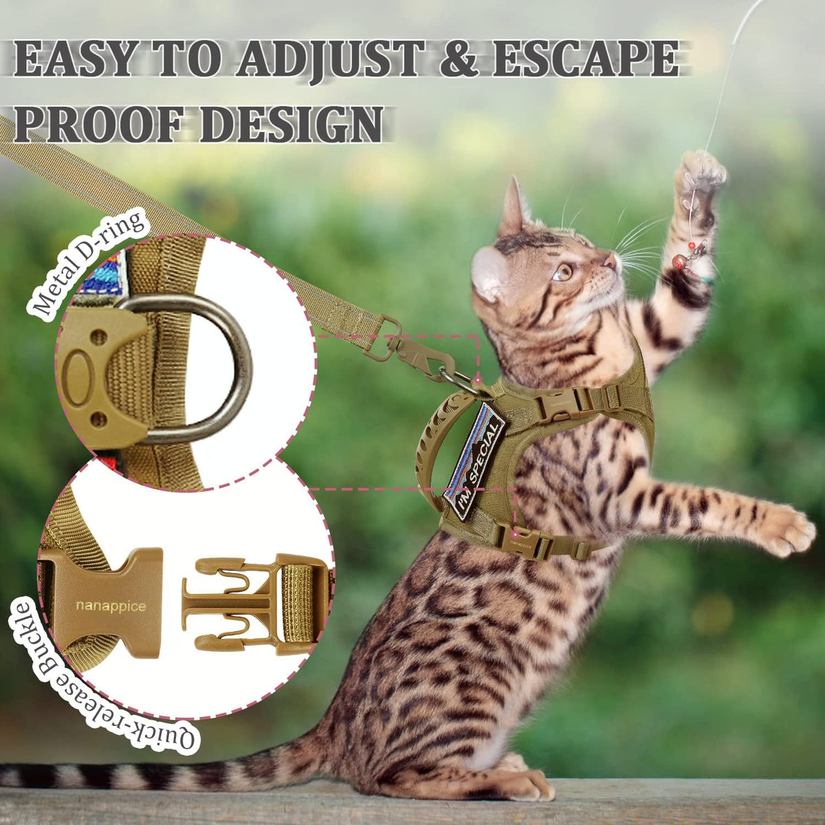 Tactical Cat Harness and Leash Set for Large Cats, Khaki, L