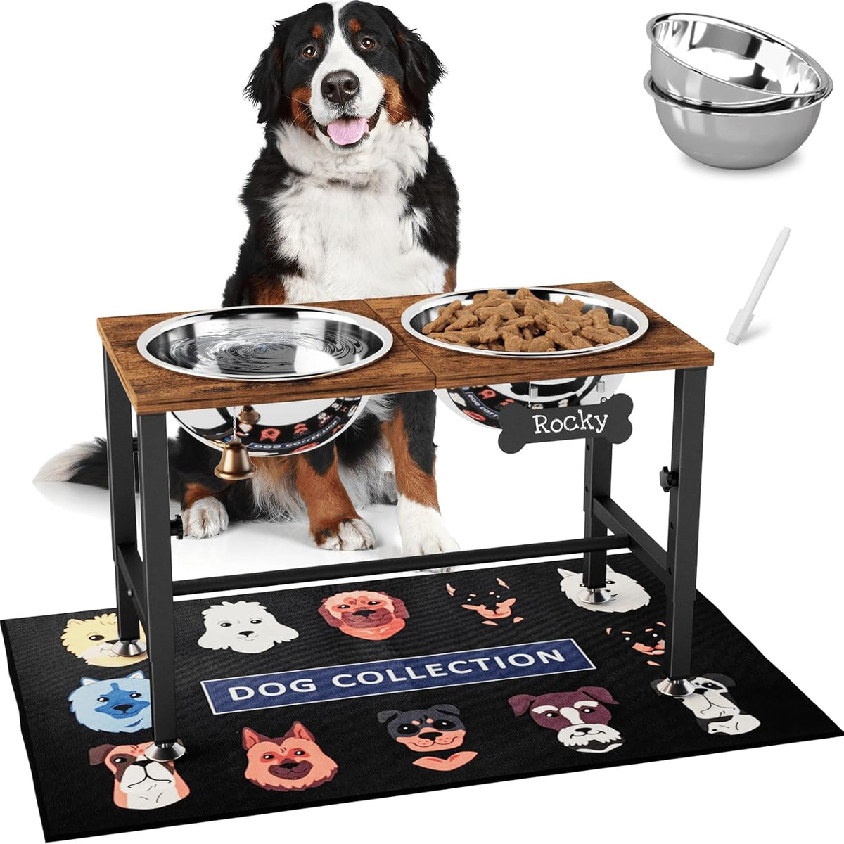 ADENGL Adjustable Elevated Dog Bowls, Raised Bowl Stand with 2 Stainless Steel Bowls (3000ml) and Spill-Proof Mat for Large and XLarge Breeds