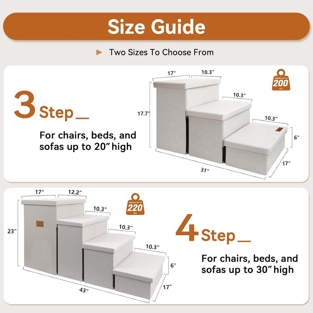 Zerbuger Dog Stairs with Storage, Beige 3 Steps Dog Ramp no Condo for Bed