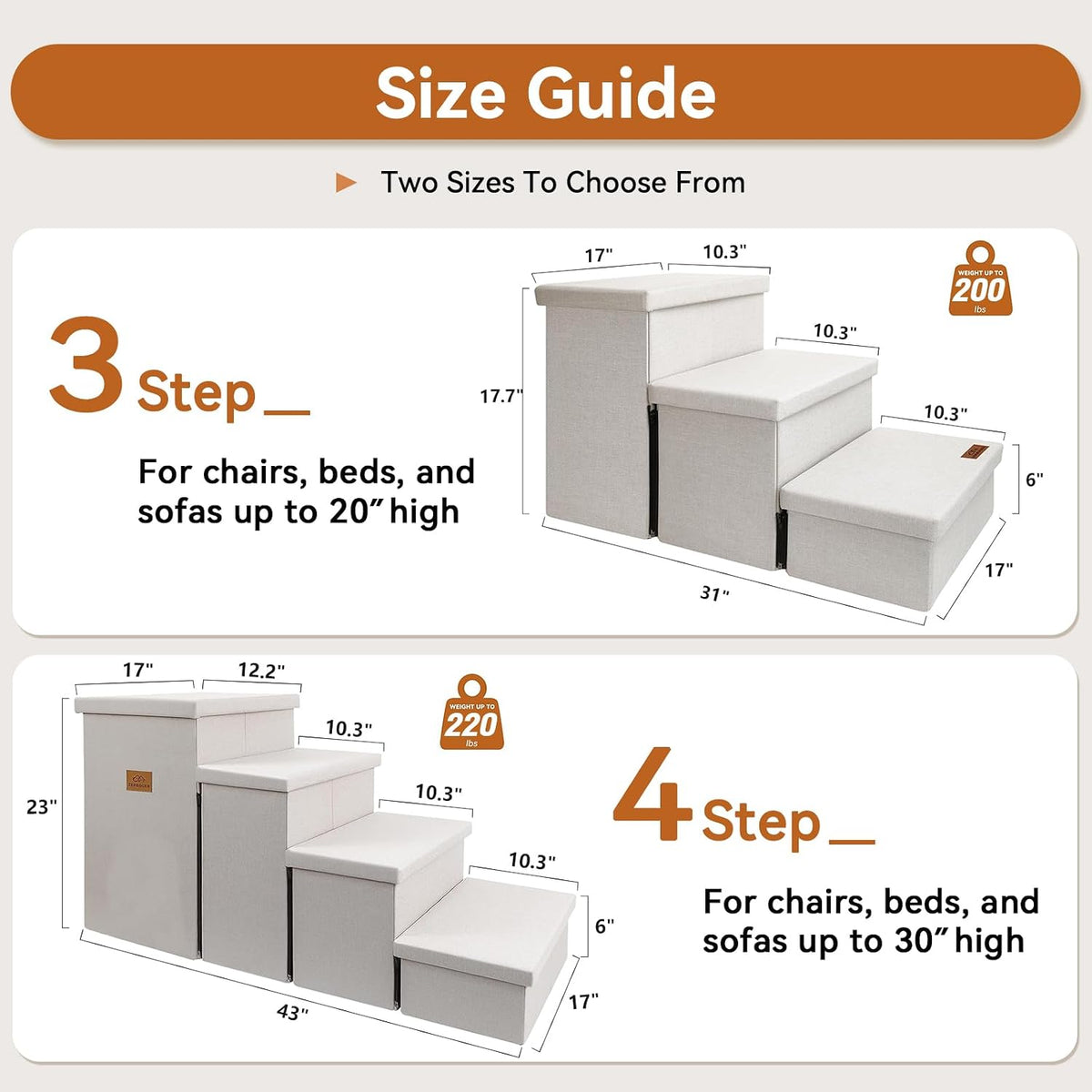 Zerbuger Dog Stairs with Storage, Beige 3 Steps Dog Ramp no Condo for Bed