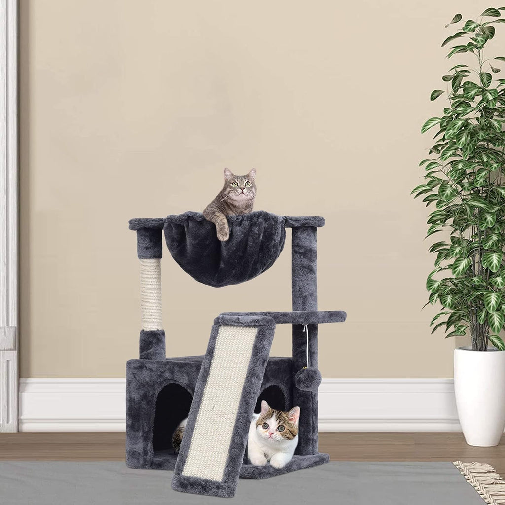 SYANDLVY 23.62" Cat Tree for Indoor Large Cats, Cat Tower with Scratching Posts & Board, Modern Cat Bed Furniture with Condo & Basket (Smoky Grey)