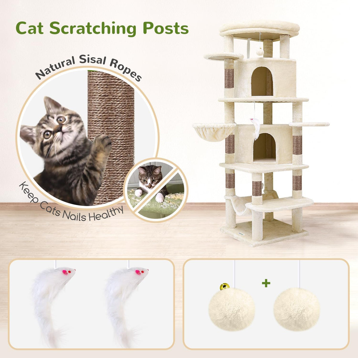 Globlazer 66inch Corner Cat Tree Tower for Indoor Large Cats, C66, Beige