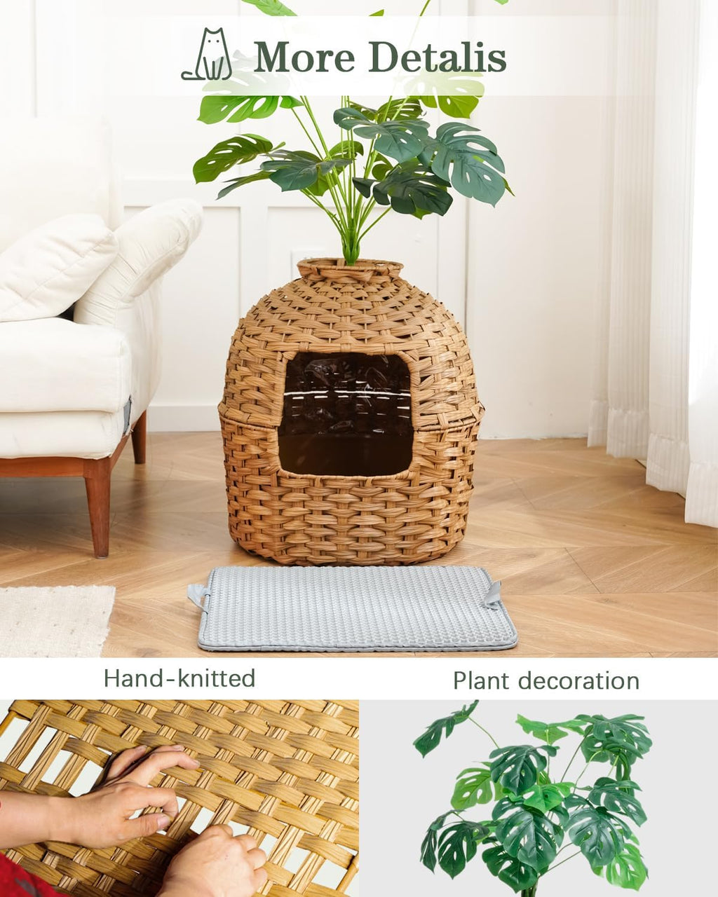 SETVSON Cat Litter Box Enclosure Plant, PE Rattan Kitty House, Natural