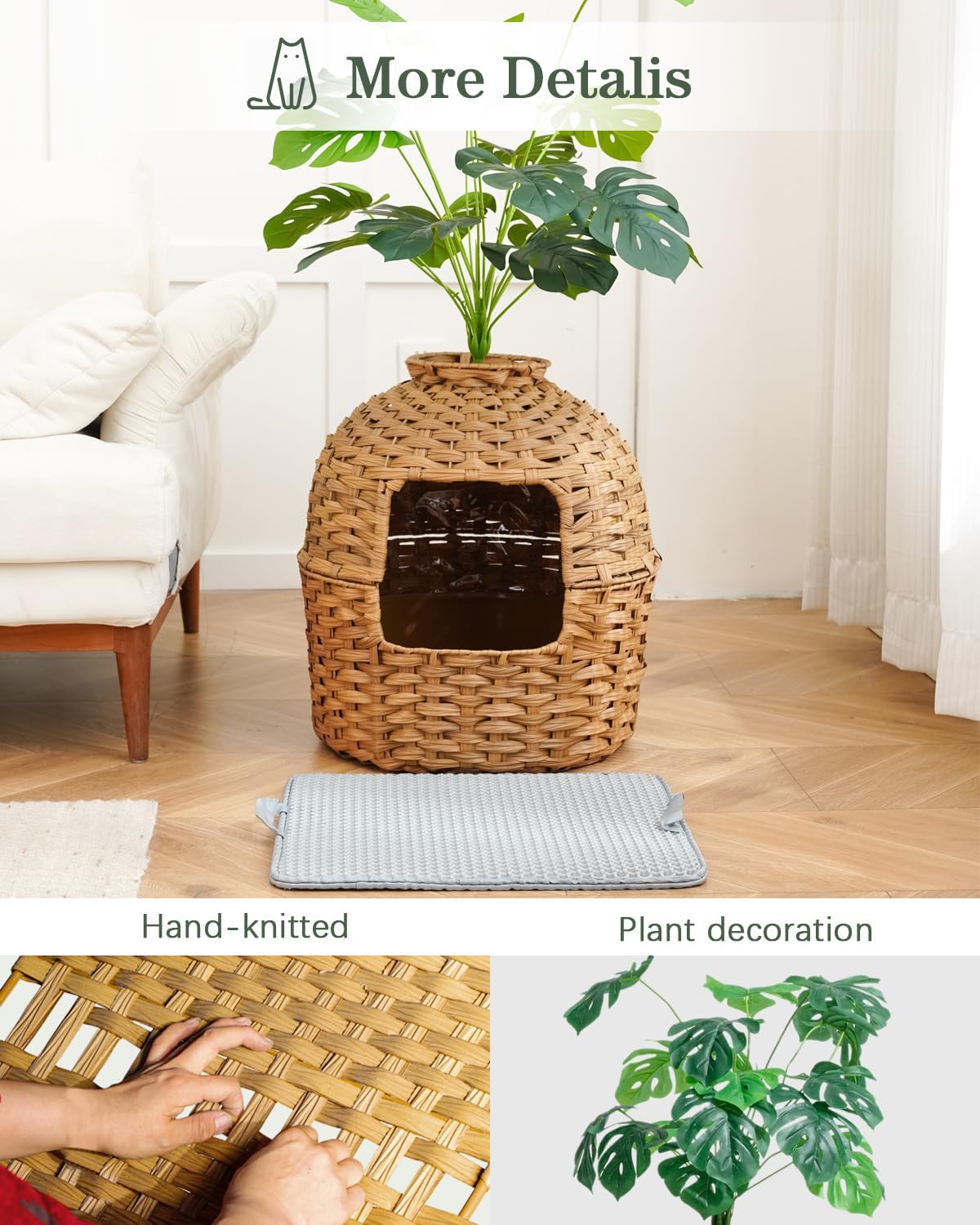 SETVSON Cat Litter Box Enclosure Plant, PE Rattan Kitty House, Natural