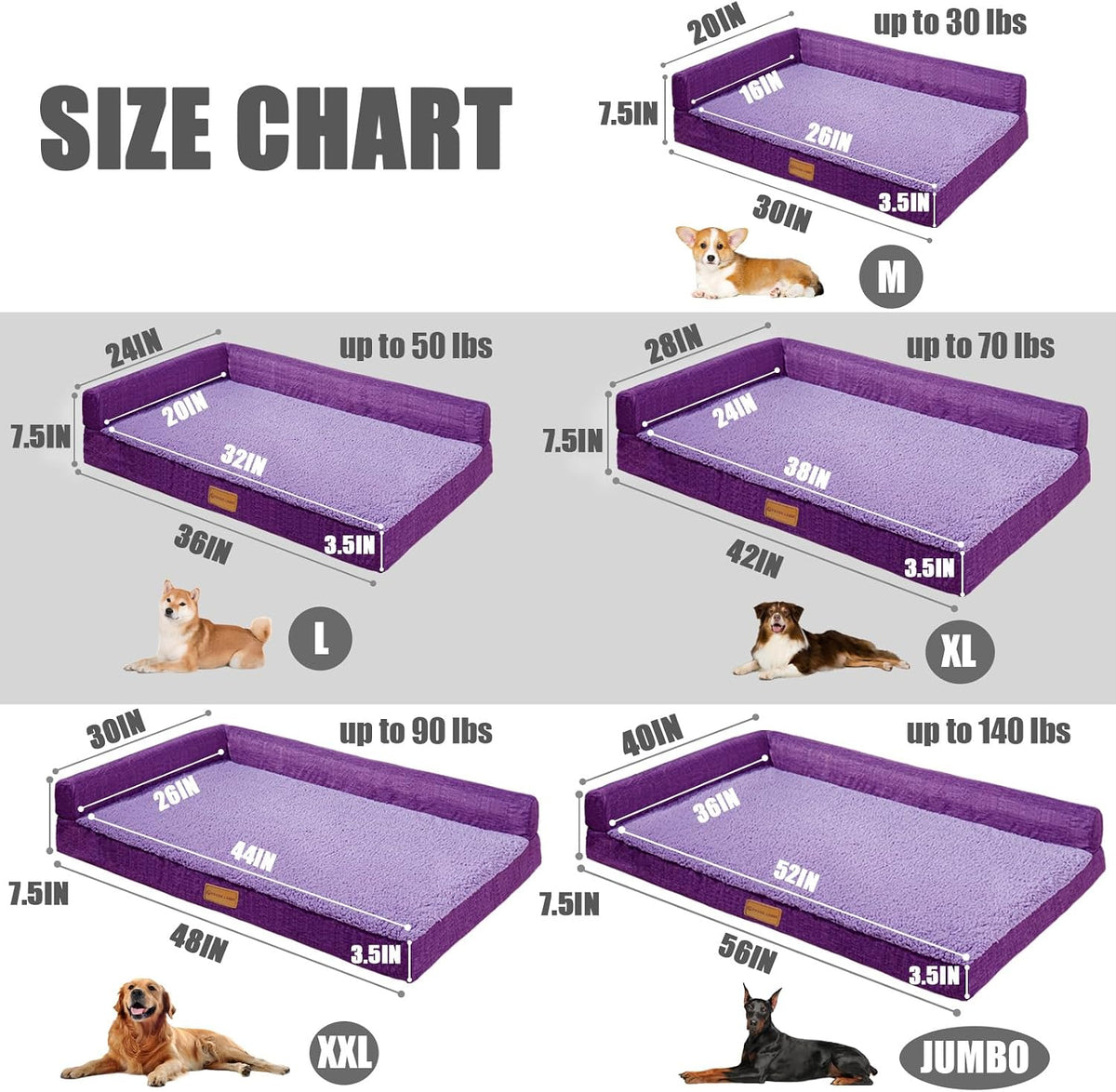 Patas Lague Orthopedic Large Dog Bed Washable Pet Sofa Bed 42''X28''Purple