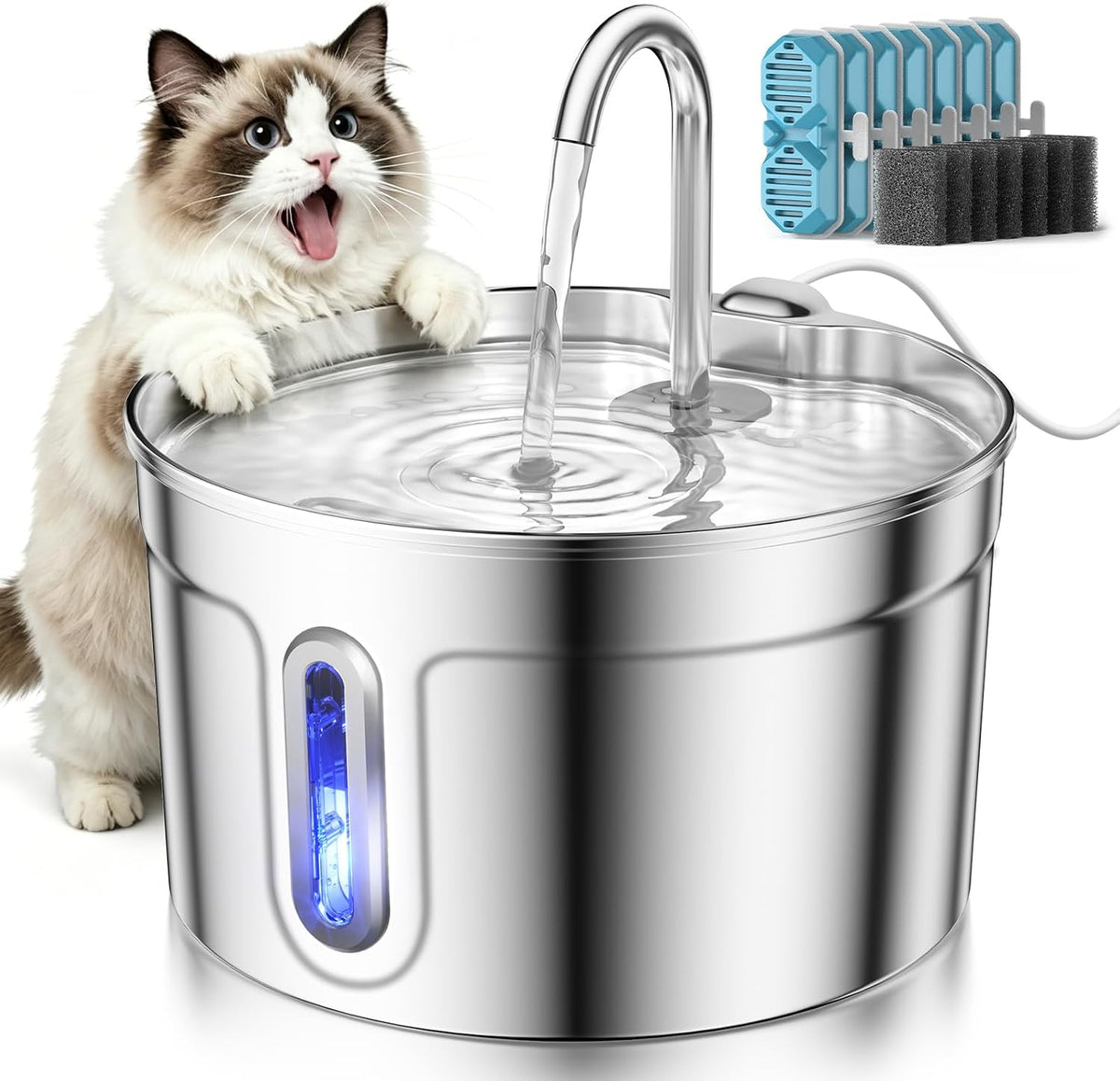 Stainless Steel Cat Water Fountain - 74oz/2.2L Ultra-Silent