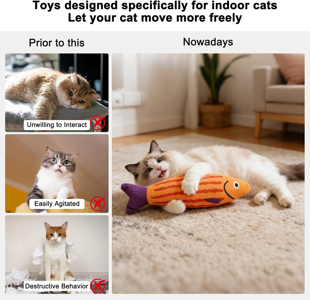 Catnip Fish Toys for Cats - 3 Pack 7.48 Inch Interactive Cat Toys with Crinkle & Bell Sounds, 4500mg Premium Natural Catnip, Durable Linen Kicker Toys for Indoor Cats & Kittens