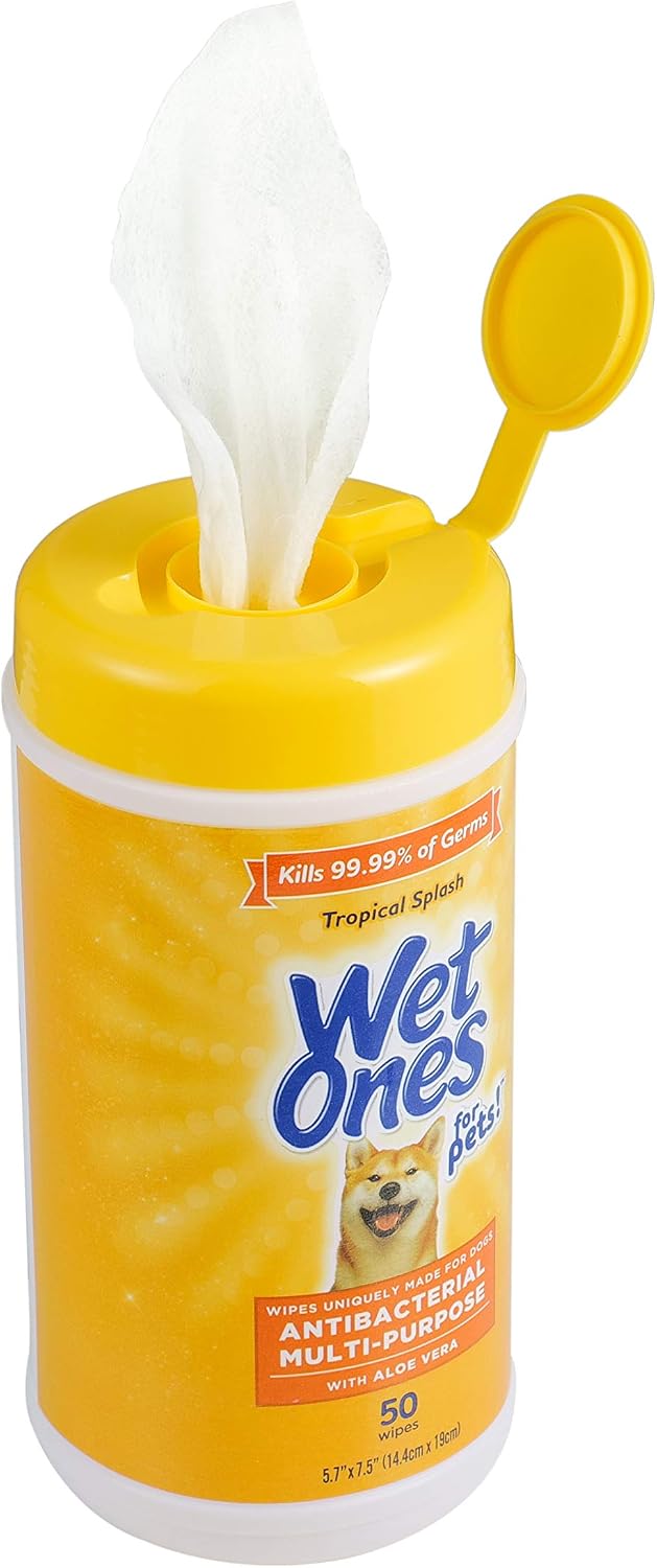 Wet Ones for Pets Antibacterial Dog Wipes, Tropical Splash, 50 Count, 3-Pk | Multi-purpose grooming wipes with aloe vera for paws, face, and body, easy cleanups between baths 