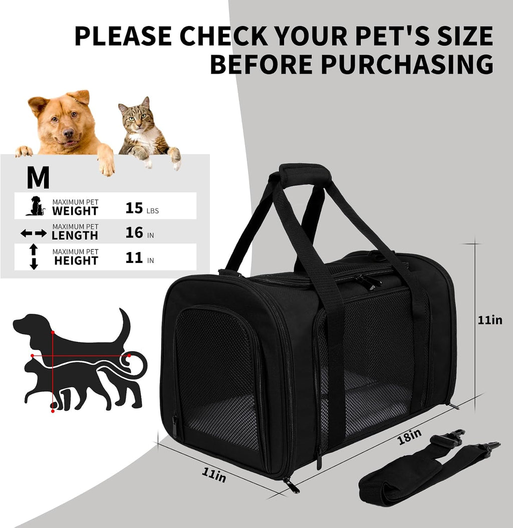Carriers Soft-Sided Pet Carrier for Cats Dogs Under 15 lbs,TSA Airline Approved with 4 Ventilated Windows(Medium,Black)