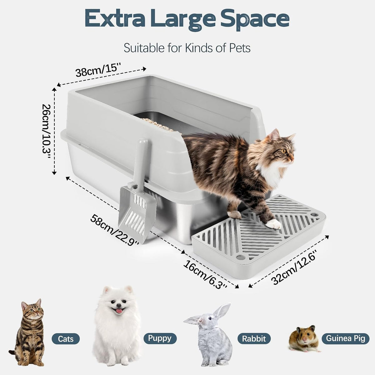 3 Pack Stainless Steel Litter Box, XL 22.9” x 15” x 10.3” High Sided Metal Cat Litter Tray with Scoop, Filter Pedal for Anti-Splash, Non-Sticky, Easy to Clean (Light Grey)