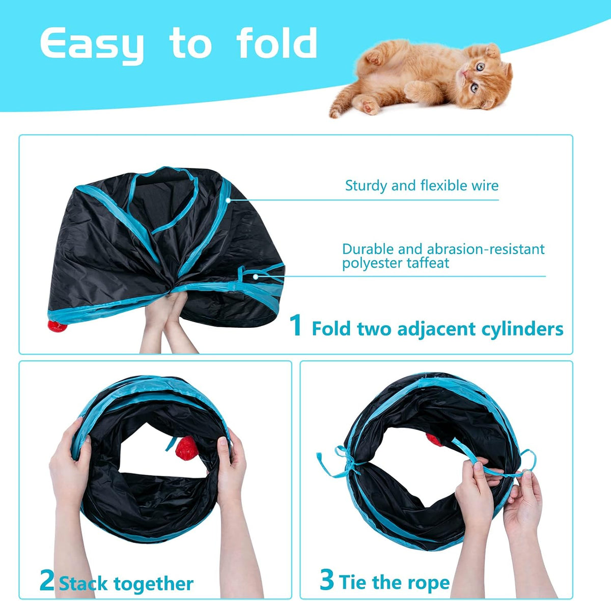 Sheldamy Cat Tunnel, 2-Way Collapsible Play Tunnel, Interactive Toy Maze for Small Animals, Suitable for Kittens, Puppies, Rabbits, Ferrets, Blue & Black