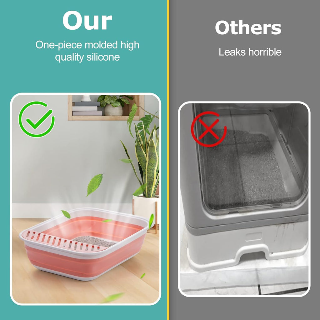 Open Top Cat Litter Box, Large Foldable Cat Potty Height-Adjustable Sides Anti-Splash, Open Air Kitty Litter Pan No Smell, Cat Toilet Easy Clean with Cat Litter Scoop (Pink)