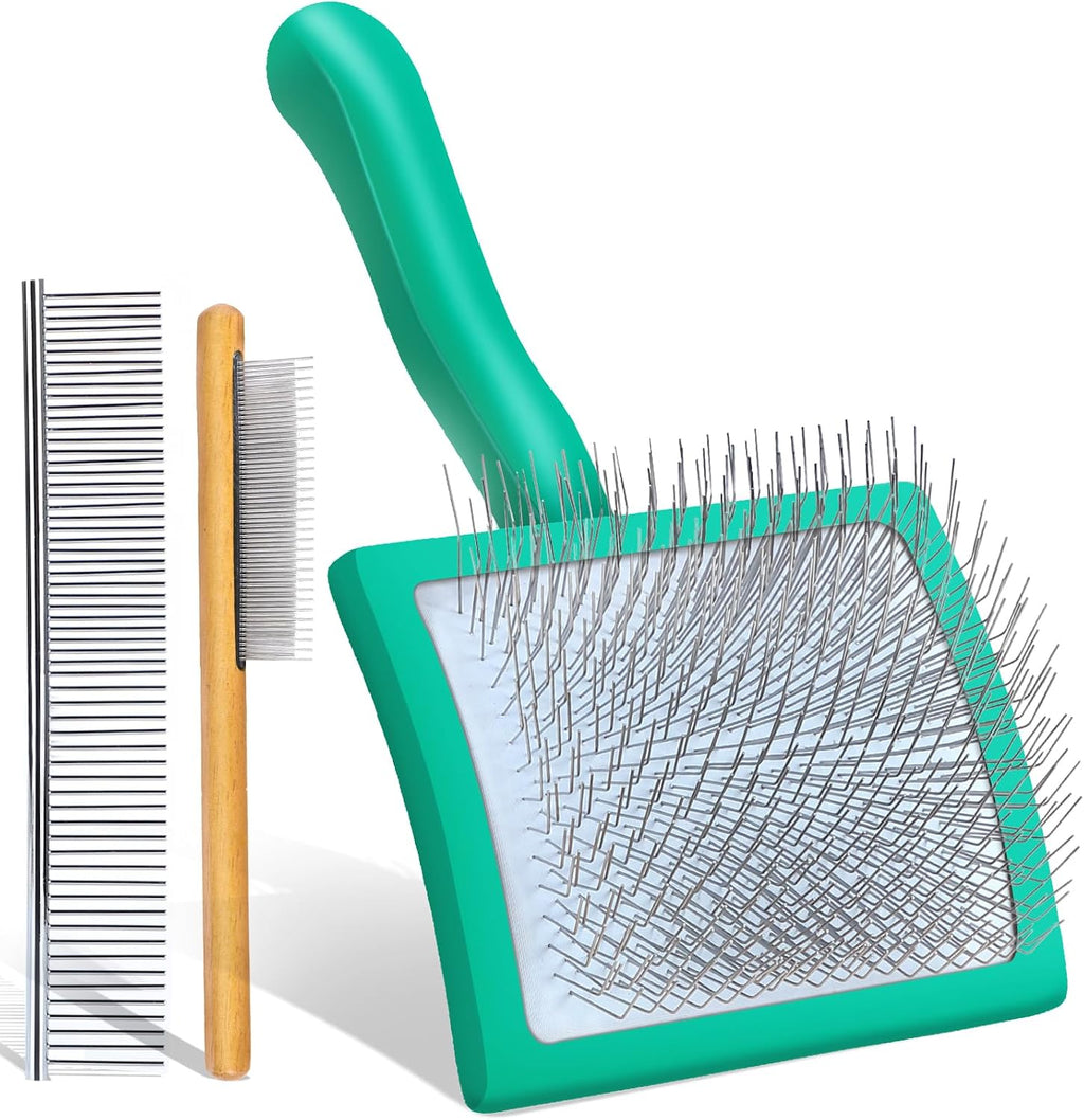 3-in-1 Long Pin Slicker Brush Set, Pet Grooming Kit, Green