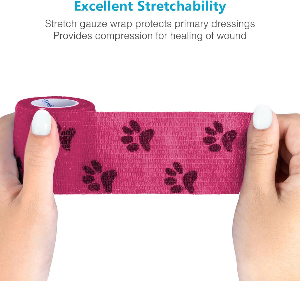 WePet Pet Wrap, Self-Adhesive, Only Sticks to Itself, Non-Woven Tape for Dog Legs, Paws, Wounds, First Aid Cohesive Gauze for Horse, Cat, Bird, Animal, 6 Rolls, 2 Inch, Pawprints B