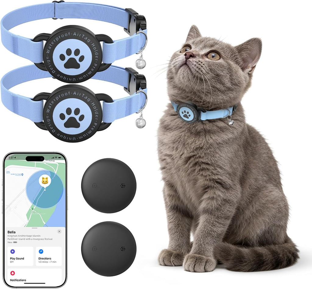 GPS Cat Tracker Collar with Finder Tag, Bluetooth Pet Location Blue 2Pack