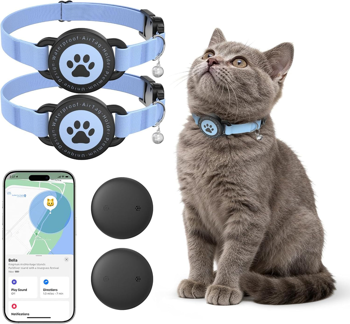 GPS Cat Tracker Collar with Finder Tag, Bluetooth Pet Location Blue 2Pack