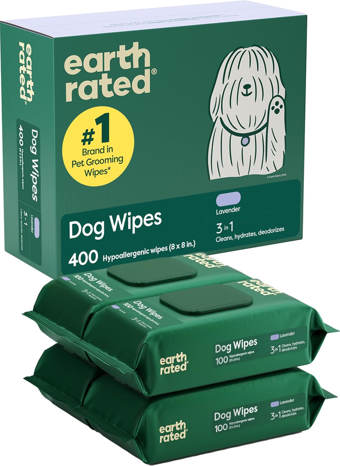 Earth Rated Dog Wipes for Paws & Butt, Deodorizing, Lavender, 400ct | Hypoallergenic, 3-in-1 Cleaning and Hydrating, for Grooming Paws, Body and Butt 