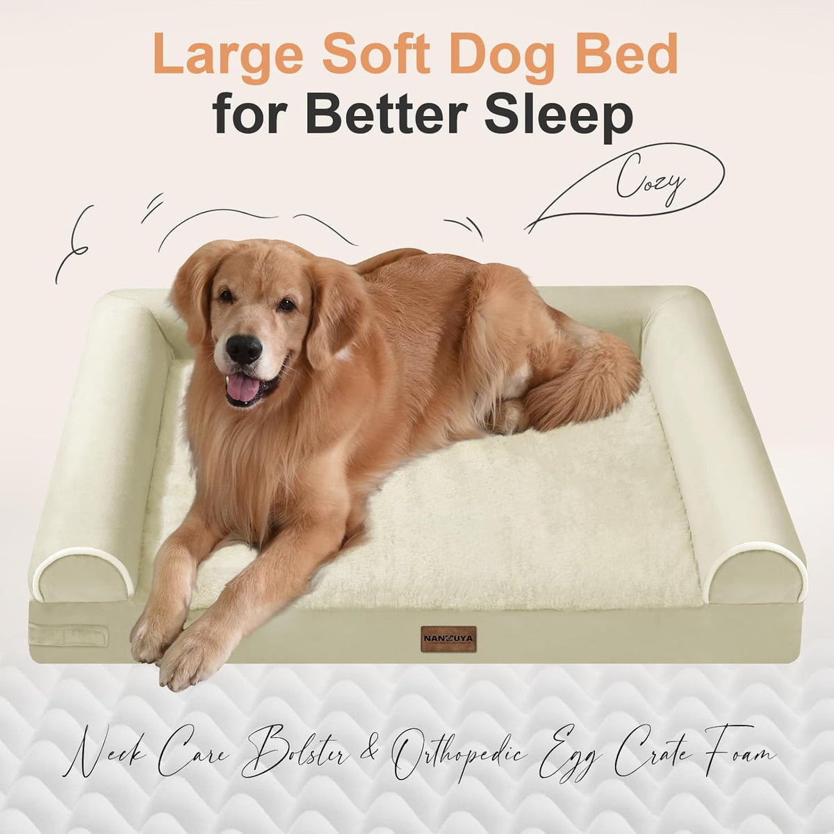 NANUYA Orthopedic Dog Bed for Large Dogs, 38 x 25 Inch, Beige