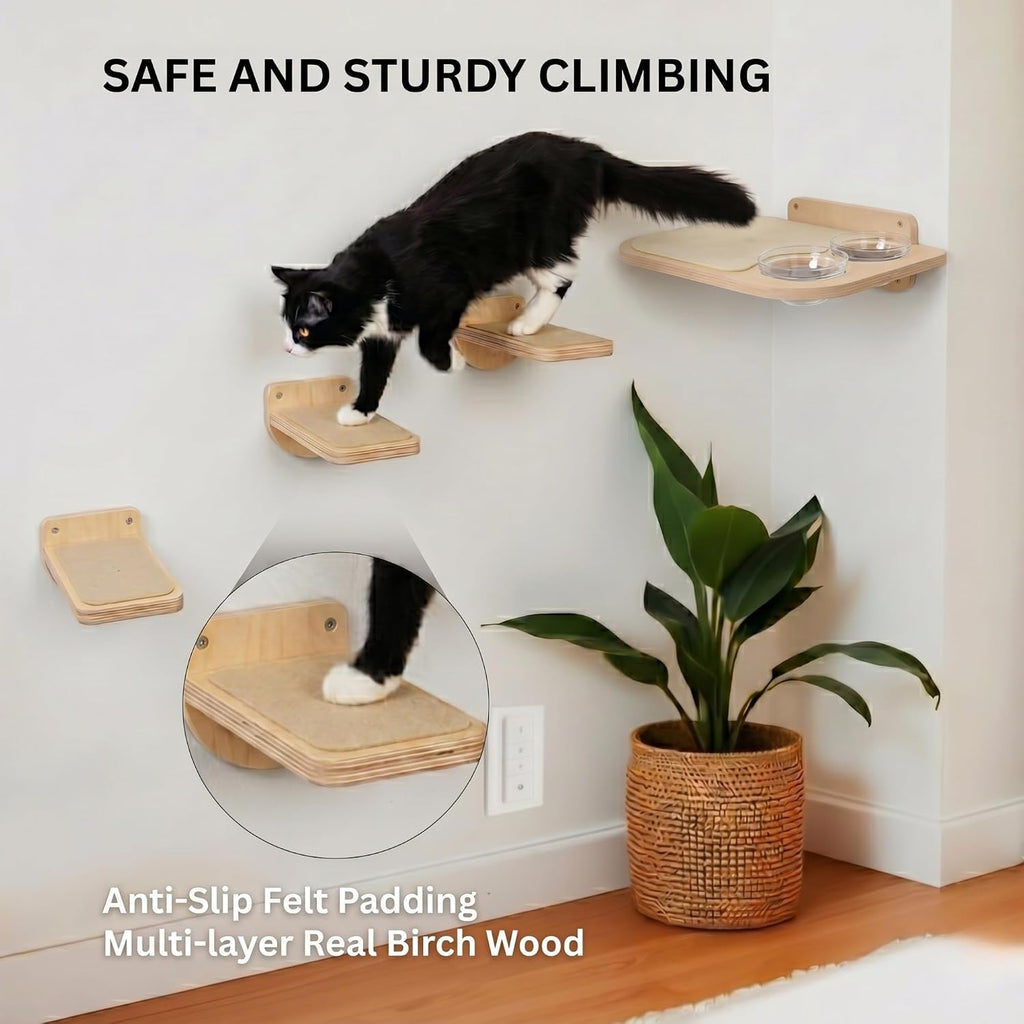 INICIO Cat Shelves - Feeding Shelf with 3 Cat Wall Steps - Natural Wood