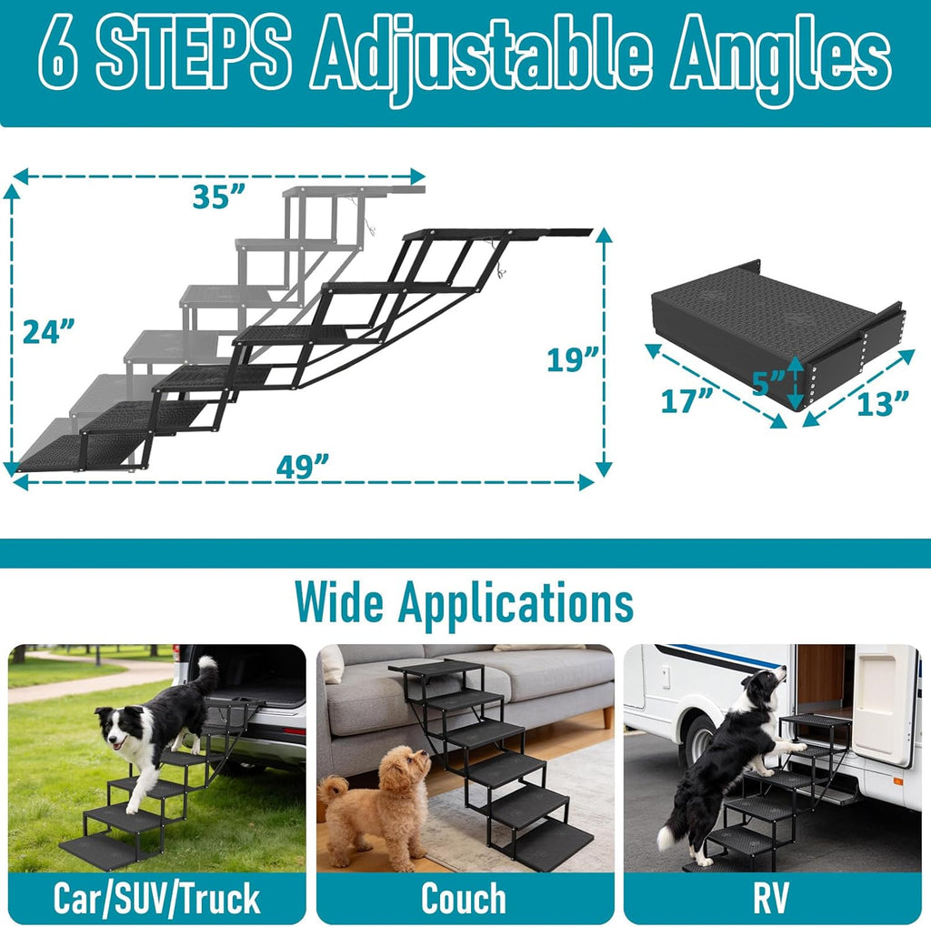 Dog Stairs for car, 6 Steps Foldable Dog Steps for Truck, Upgraded Non-Slip Pet Stairs for lagre Dogs, Metal Pet Stairs for SUV, Truck and Cars