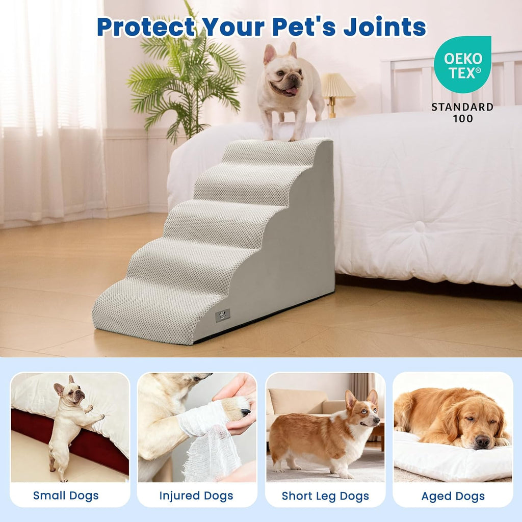 Dog Stairs for High Beds 22.4" H,5-Step Pet Ramp for Small & Medium Dogs