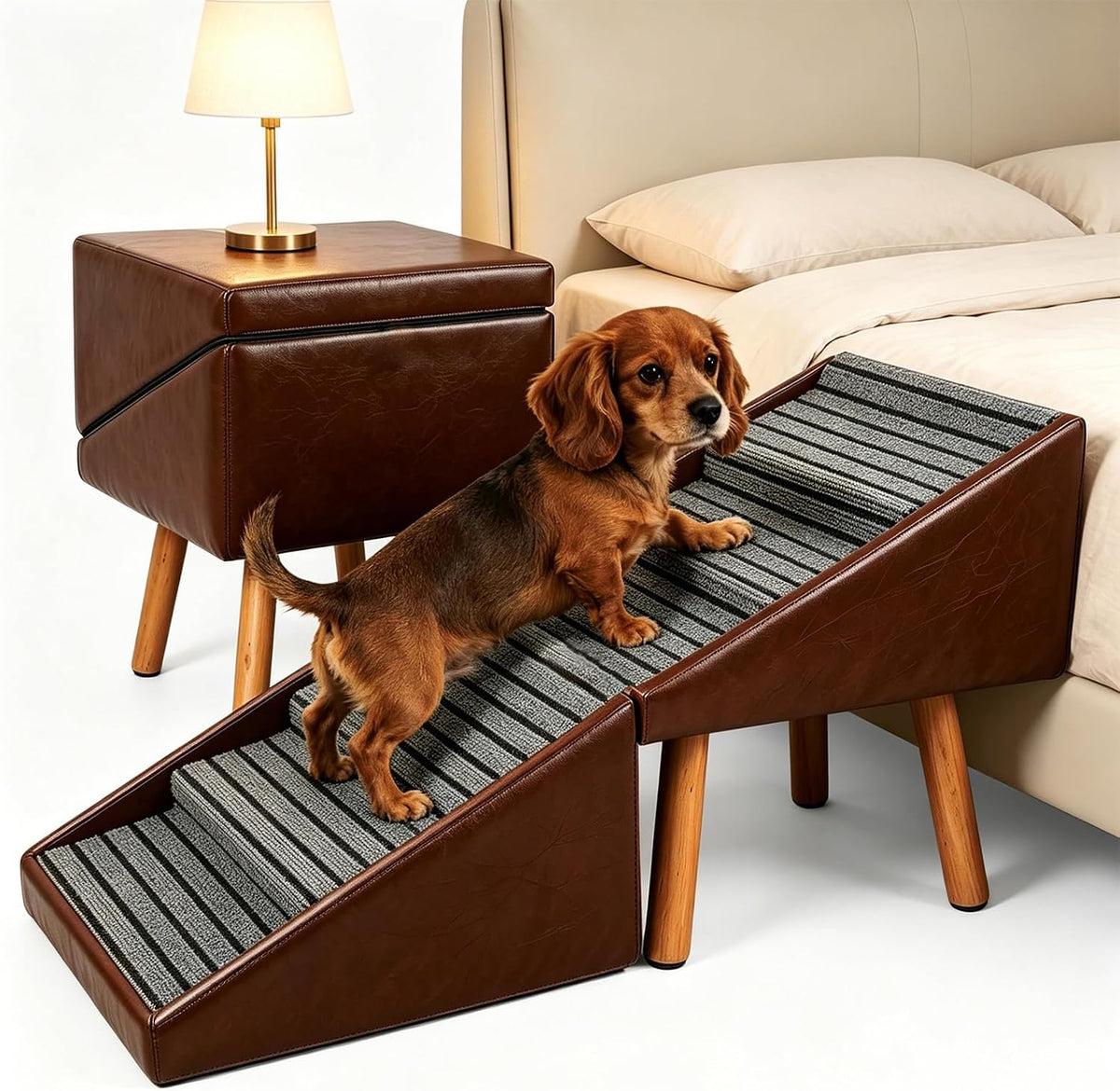Luxury Dog Stairs for Small Dogs, Non-Slip Dog Ramp for Bed & Couch, Foldable 2-in-1 Pet Ramp & Ottoman with Solid Wood Frame, Pet Stairs & Steps for Puppy (Brown)
