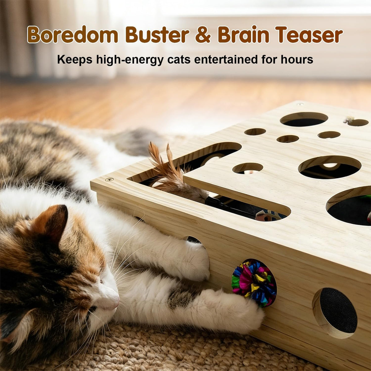 Cat Nail File Scratcher, Cat Scratch Puzzle Enrichment Box with Sandpaper Inside for Cat Claw Care, Stress-Free Trimming Nails, Puzzle Feeder Cat Toys Interactive for Indoor Cats (No Bell Balls)