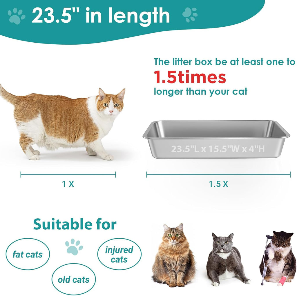 Stainless Steel Cat Litter Box, Large Metal Litter Box, 23.5" Lx15.5 Wx4 H