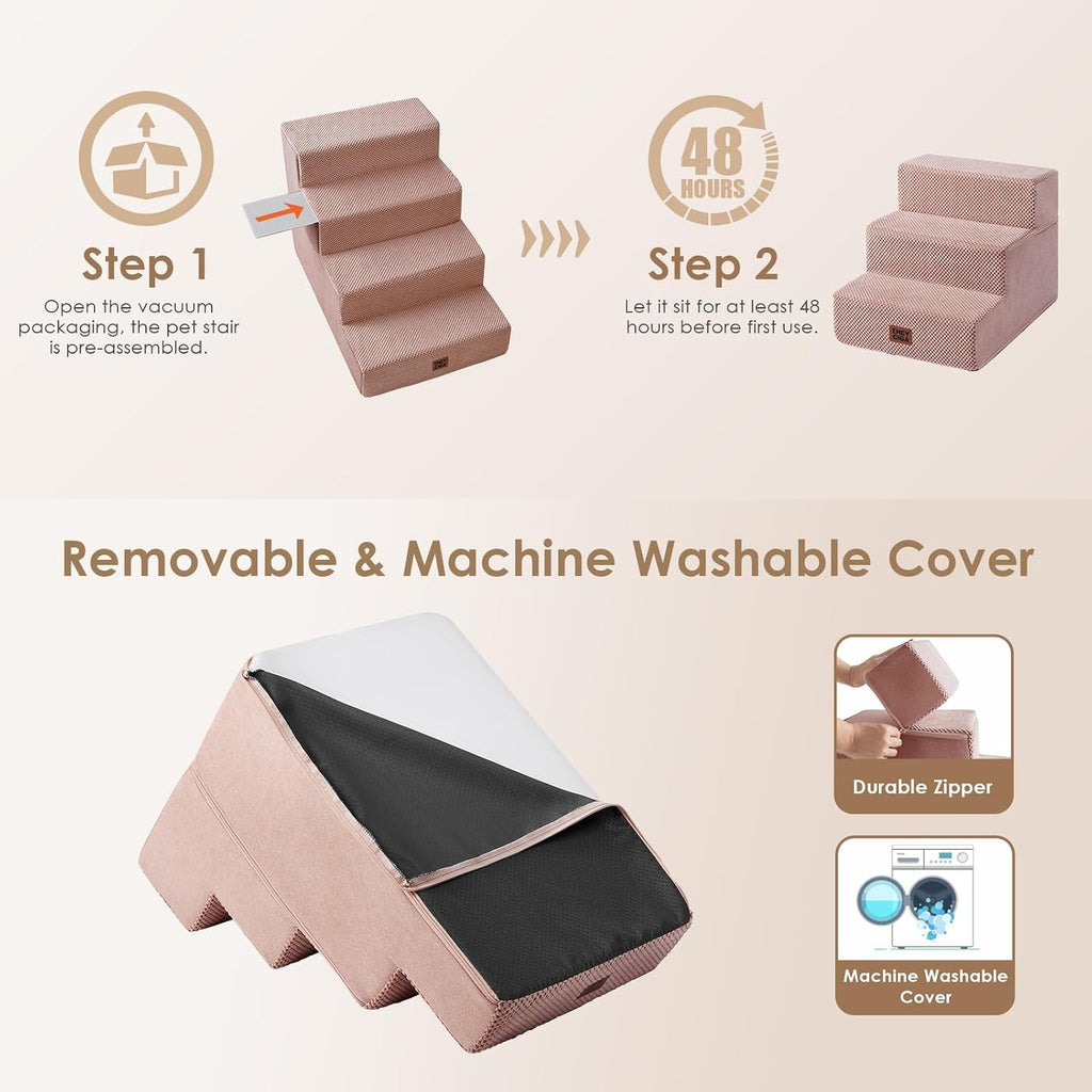 EHEYCIGA Dog Stairs 13.5" H, 3-Step Extra Wide Dog Steps, Pink