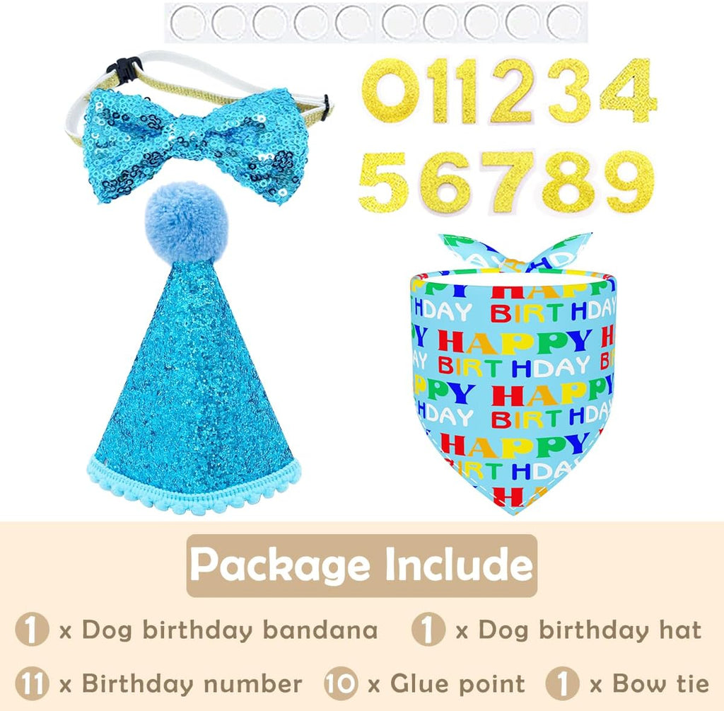 PET SHOW 3Pcs Blue Small Dog Birthday Bandana Set for Boys Female with Puppy Cone Hat and Sequin Bowtie Cat Party Supplies for Dogs Cats Puppies