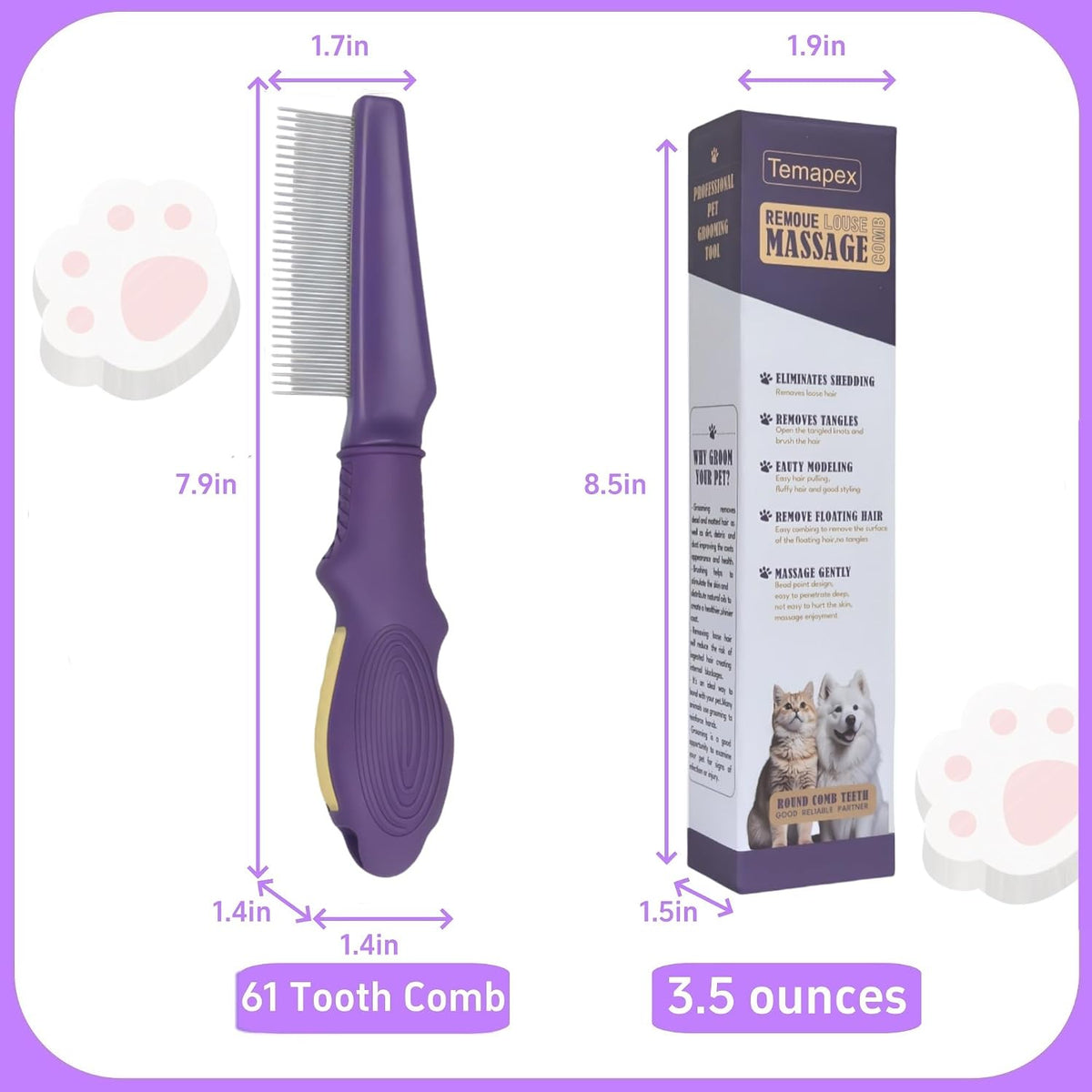 Pet Comb for Dogs & Cats with Long & Short Stainless Steel Metal Teeth For Shedding and Tangles, Non-Slip & Anti-Static Rubber Handle, Safe & Gentle Pet Grooming Comb