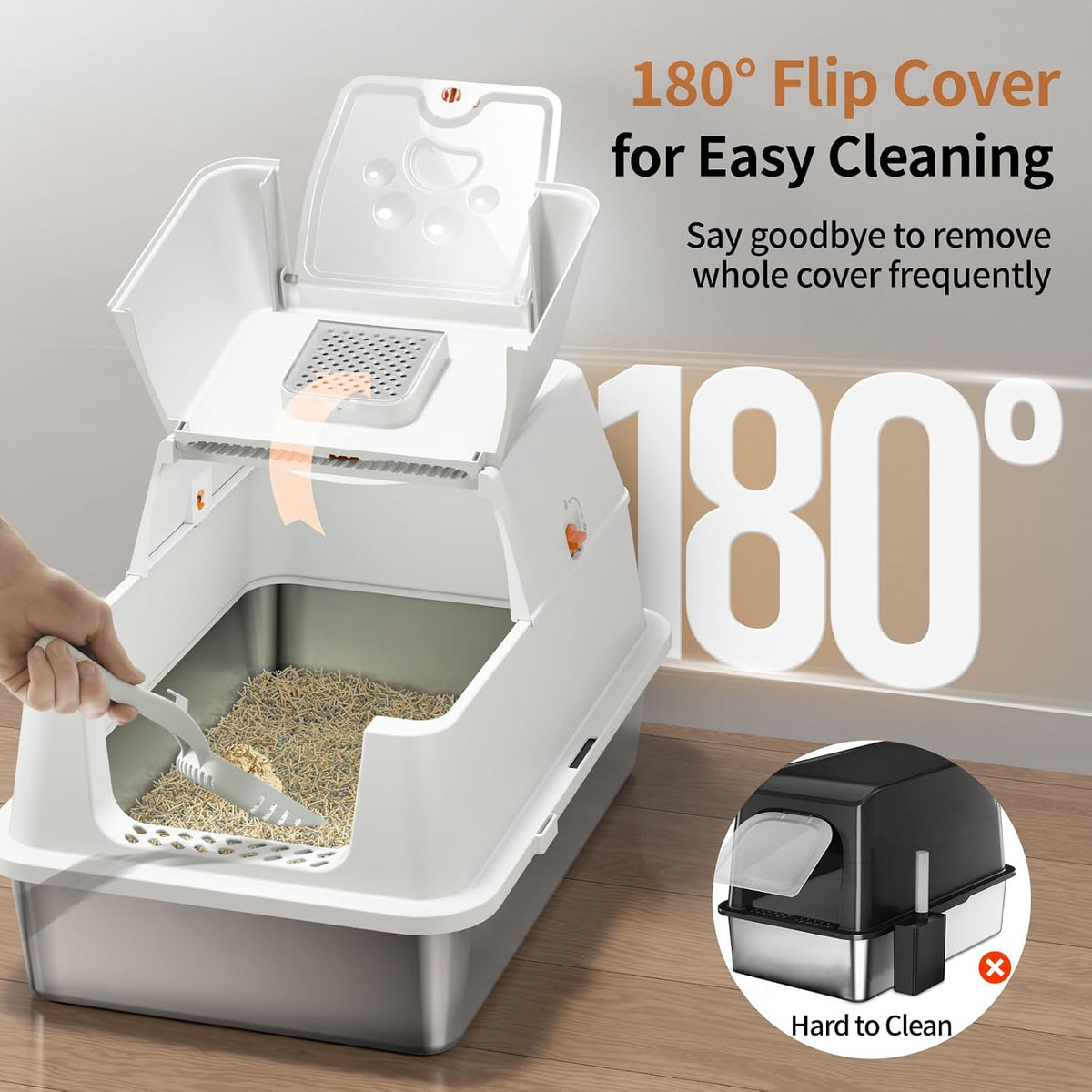 Stainless Steel Cat Litter Box with Lid, Flip-Top XL Large, White