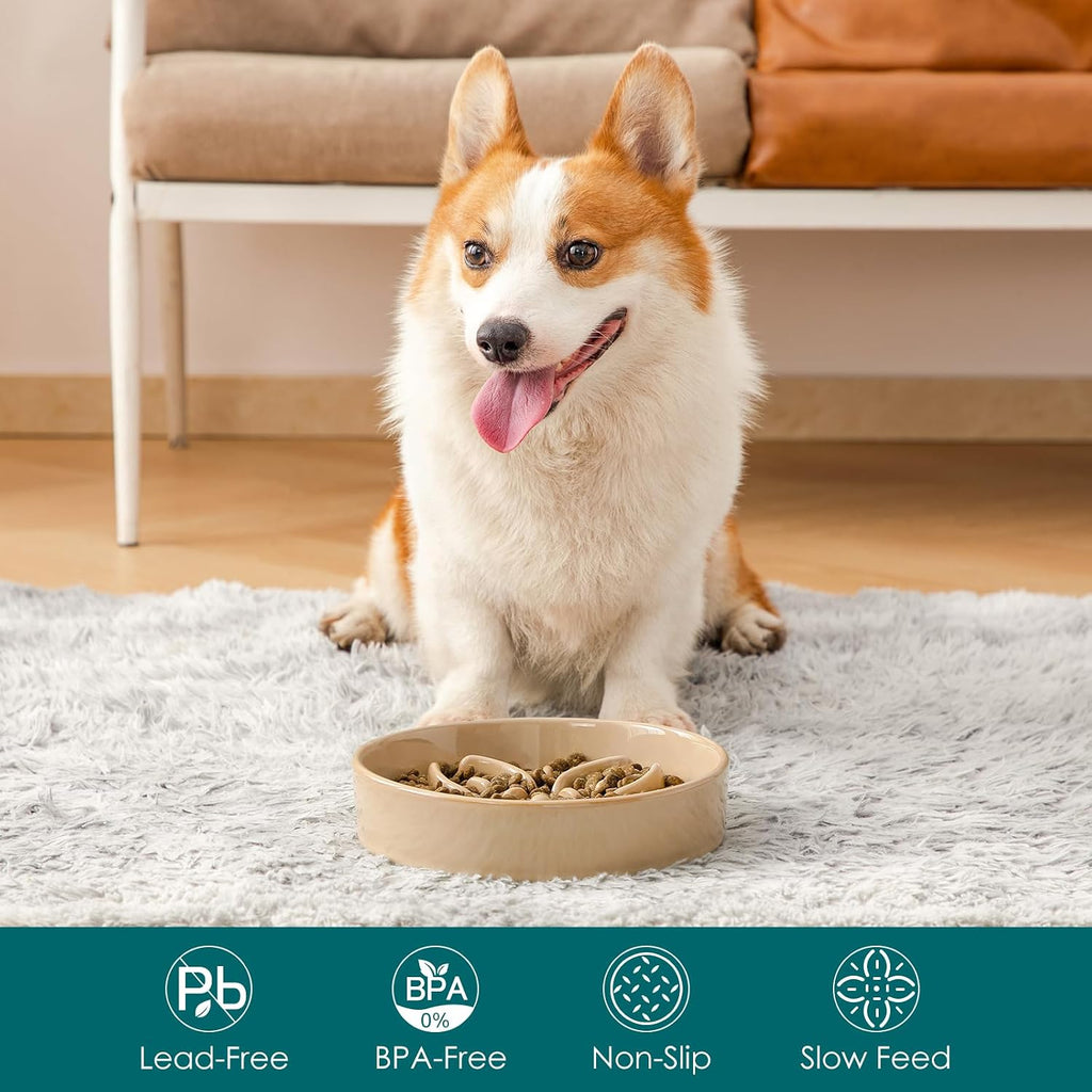 vancasso Ceramic Slow Feeder Dog Bowls, Puzzle Dog Food Bowls with Floral Maze, Anti -Slip Pet Food Dish for Medium Breed, 1.5 Cups, Brown