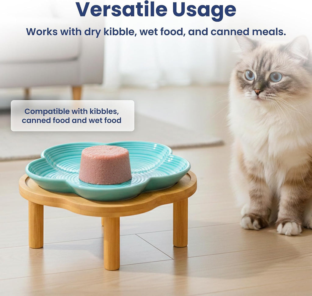 PawsPik Flower Ceramic Feeding Cat Plate with Raised Bamboo Stand, Blue