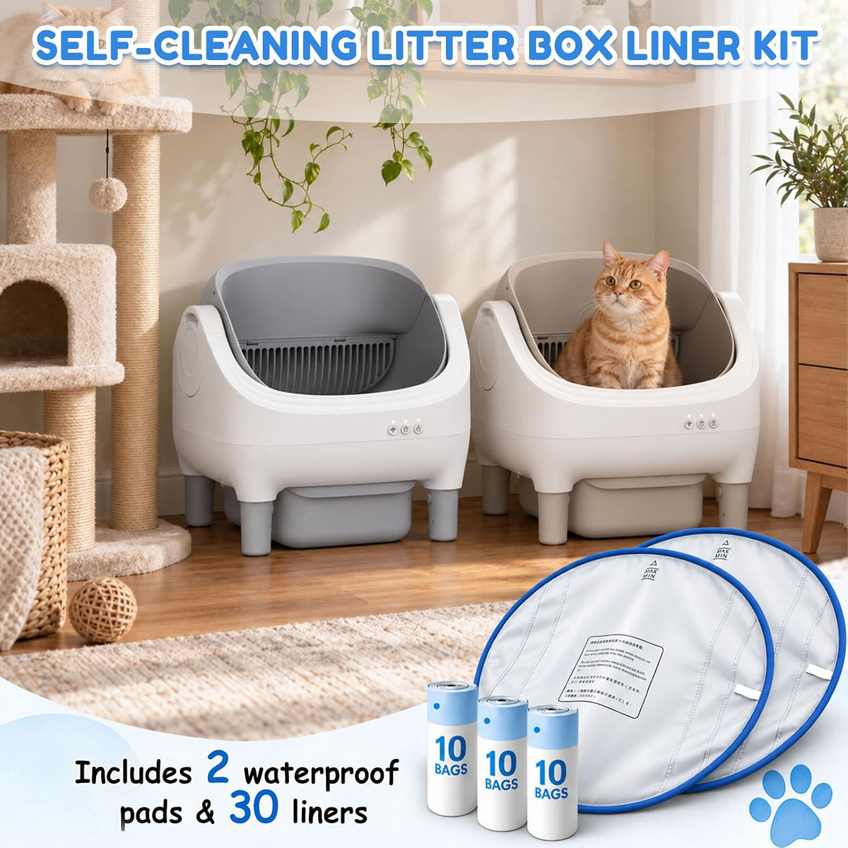 2Pcs Waterproof Pads for Self Cleaning Cat Litter Box with 30 Liner Bags