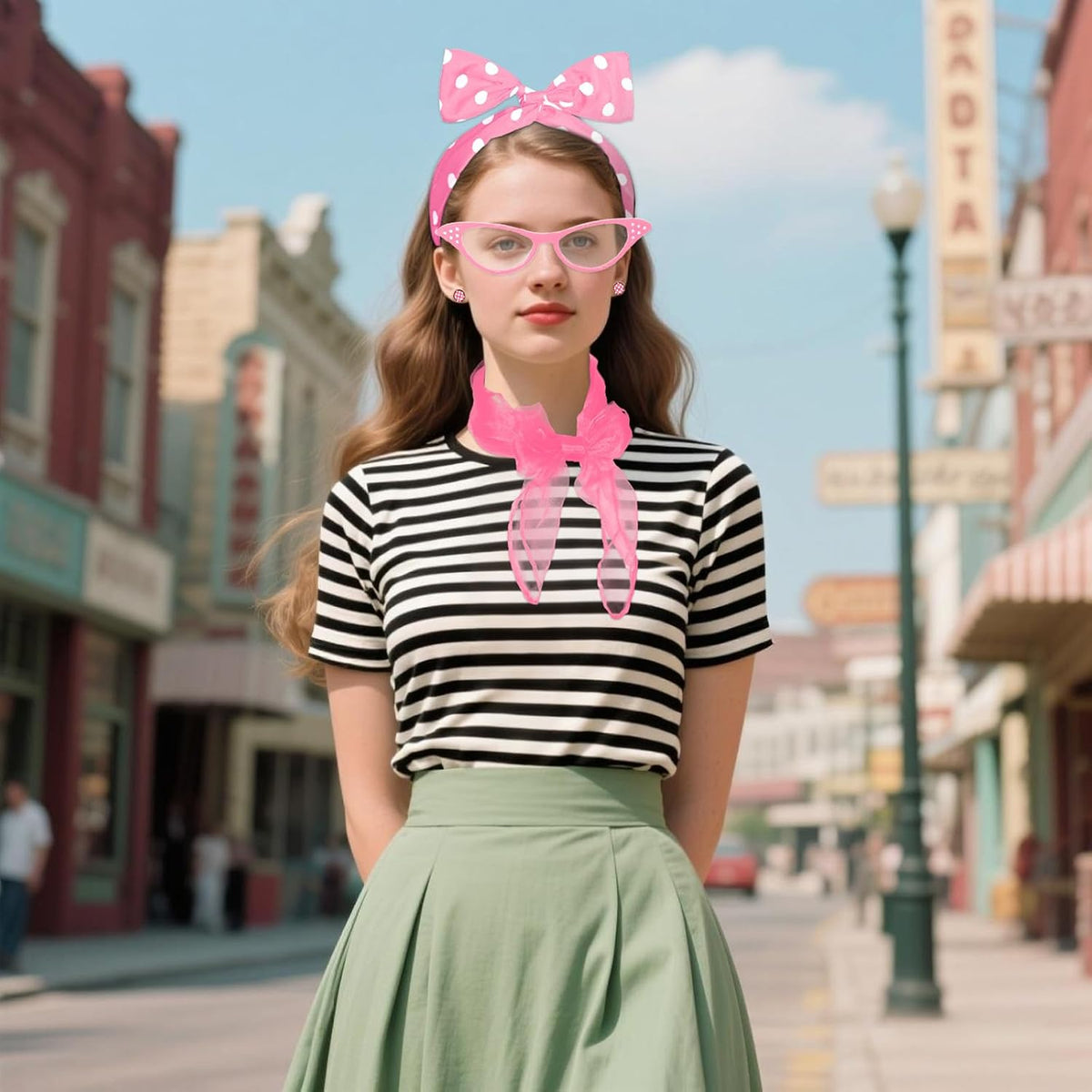 50s Set 50's Costume Accessories Chiffon Scarf Cat Eye Glasses Bandana Tie Headband Earrings for Cosplay Party