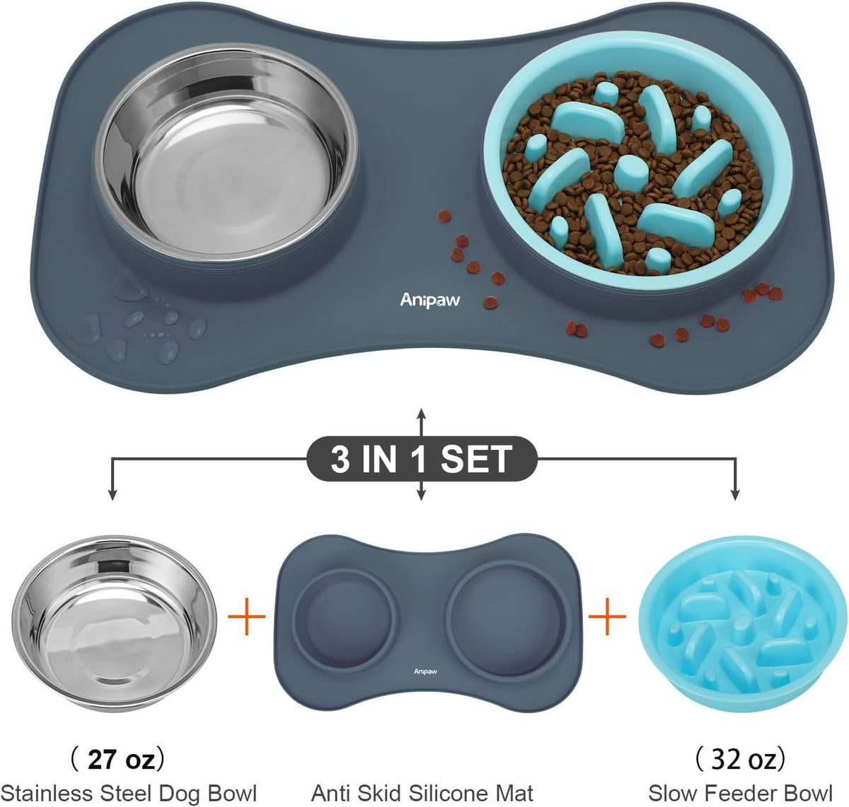 Slow Feeder Dog Bowls 3 in 1 Stainless Steel Food Water Bowl to Slow Eating | Durable, Non-spill & Non-skid with Silicone Mat Design, Slow Down Eating, Suitable for Small Medium Large Dogs and Cats