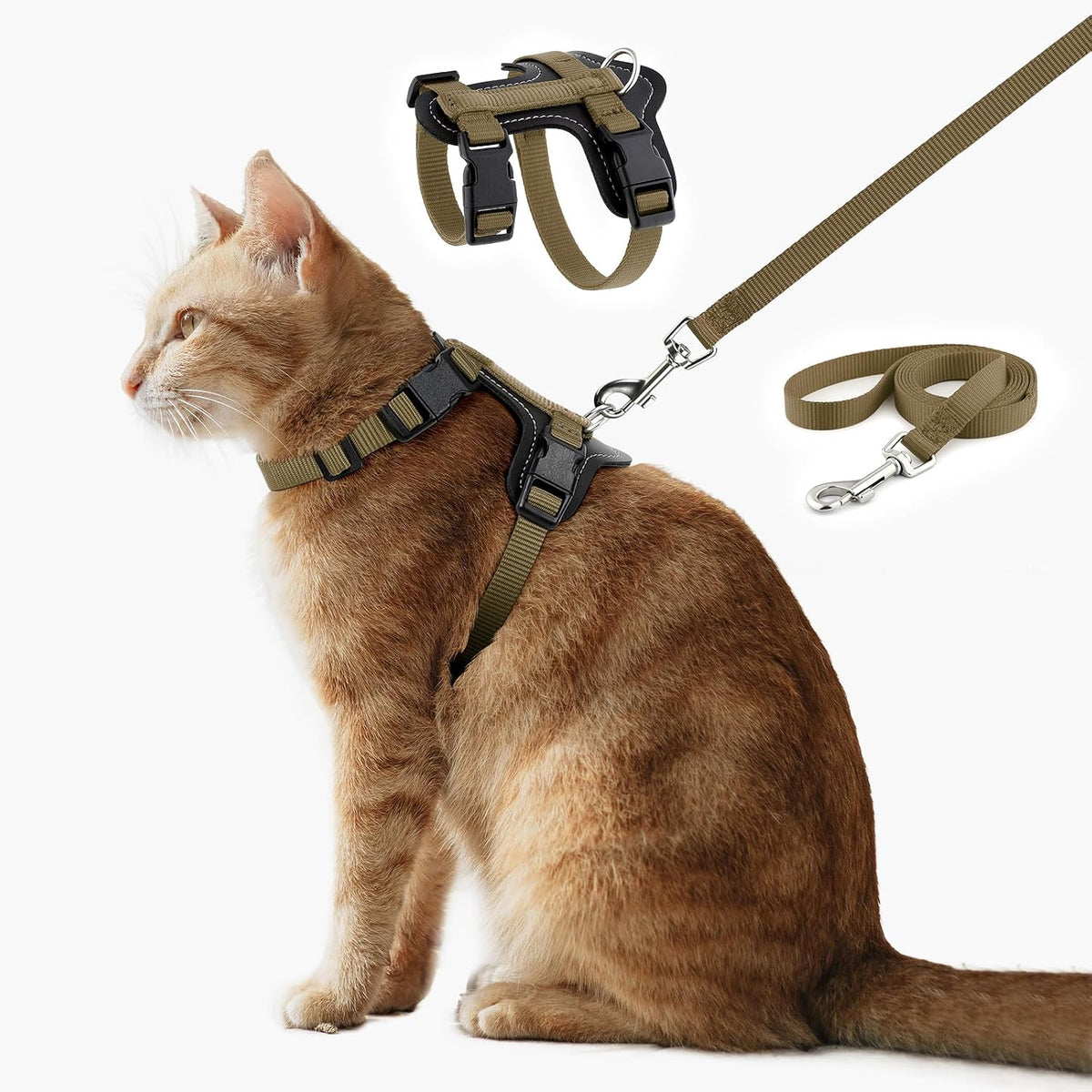 Plutus Pet Adjustable Cat Harness and Leash Set, with Leather Trim