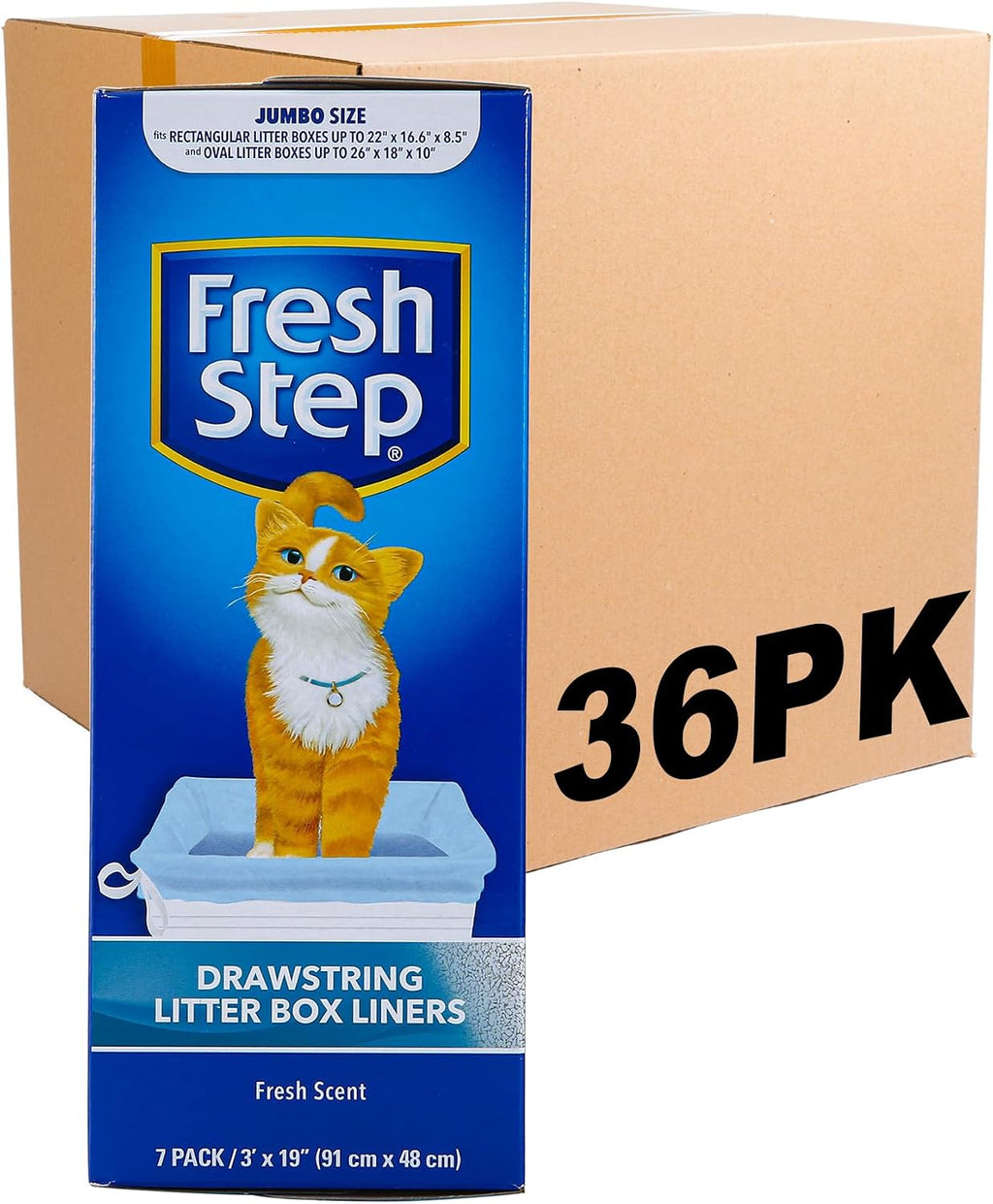 Fresh Step Drawstring Cat Litter Liners, Scented, 3 ft x 19 in, 7 Ct, 36-Pk | Heavy-duty bags for X-large oval or rectangle pans, drawstring closure for easy, mess-free lift-out cleanup