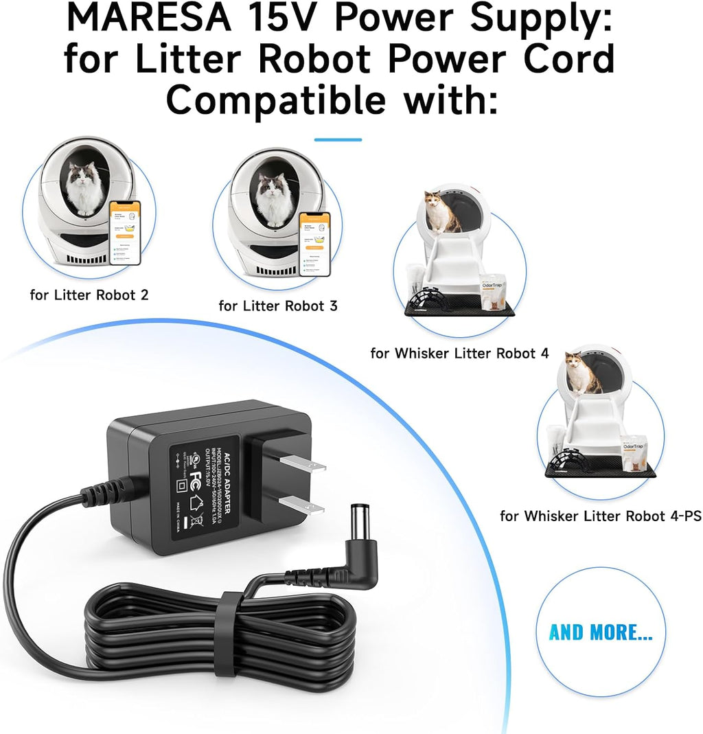 for Litter Robot Power Cord 15V DC Power Supply