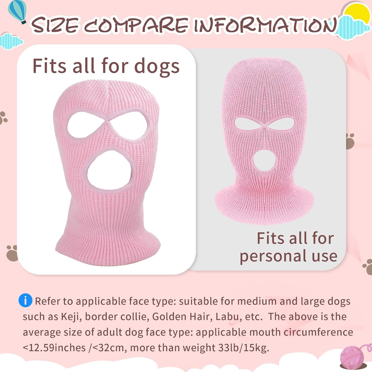 HOWWFALY Dog Halloween Christmas Costume Ear Muffs Noise Protection Knitted Dogs Ears Warm Hats Dog Robbers & Thieves Mask Funny Pet Cosplay for Medium Large Dog(Pink Mask)