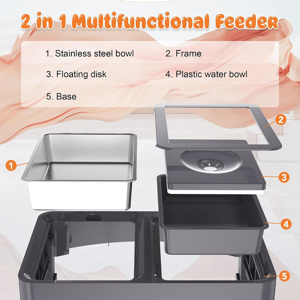 Decflow 2-in-1 Elevated Dog Bowls with 4 Height Adjustable Raised Stand | 304 Stainless Steel Dog Food Bowl, No Spill Water Bowl, DIY Stickers, Anti-Slip Pet Feeder Set for Small, Medium & Large Dogs