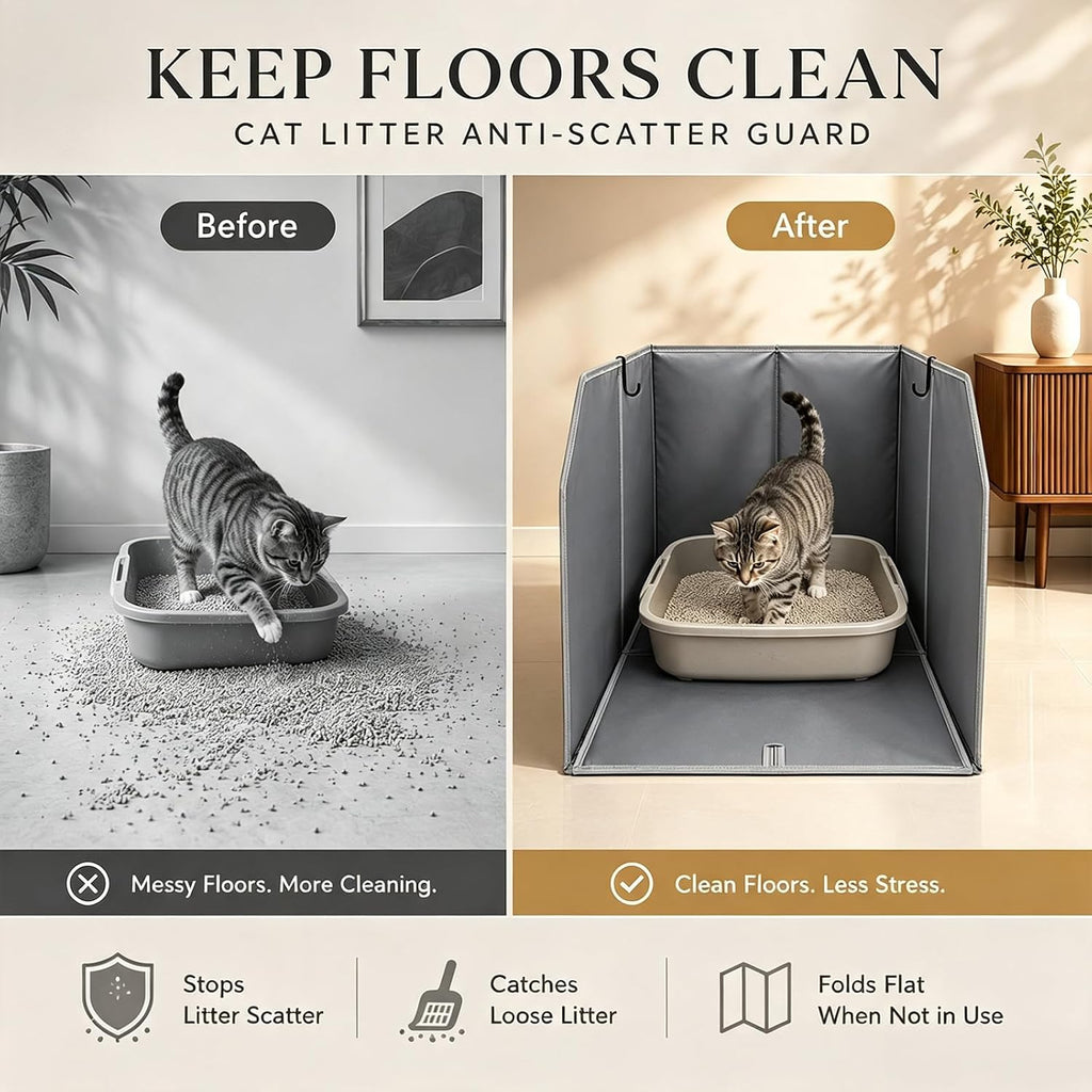 Lawei Waterproof Cat Litter Box Enclosure Splash Guard with Removable Mat and 2 Hooks, Foldable Open-Top Litter Box Enclosure with High Sides, Anti-Leakage Kitty Litter Box Cover Shields, 24x16x16 in