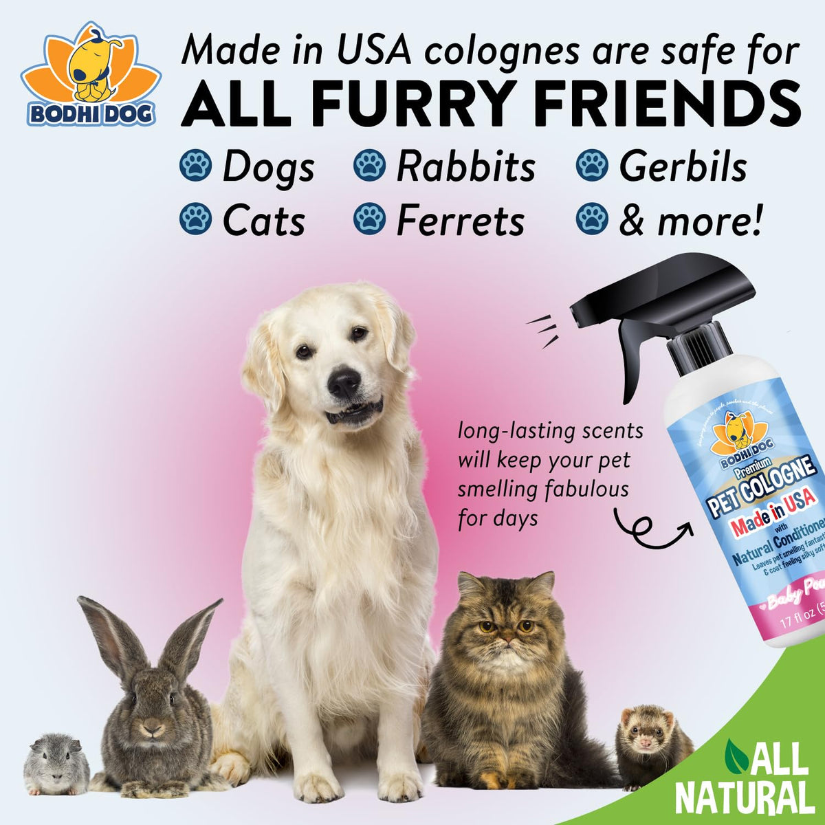 Bodhi Dog Premium Dog Cologne - Deodorizing Dog Perfume & Conditioner for Dogs & Cats - Natural Long Lasting Spray - Keeps Pets Fresh All Day - Gentle, Safe Formula, Made in USA - Baby Powder 17 Fl Oz