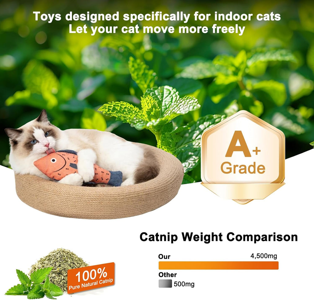 Catnip Fish Toys for Cats - 3 Pack 7.48 Inch Interactive Cat Toys with Crinkle & Bell Sounds, 4500mg Premium Natural Catnip, Durable Linen Kicker Toys for Indoor Cats & Kittens