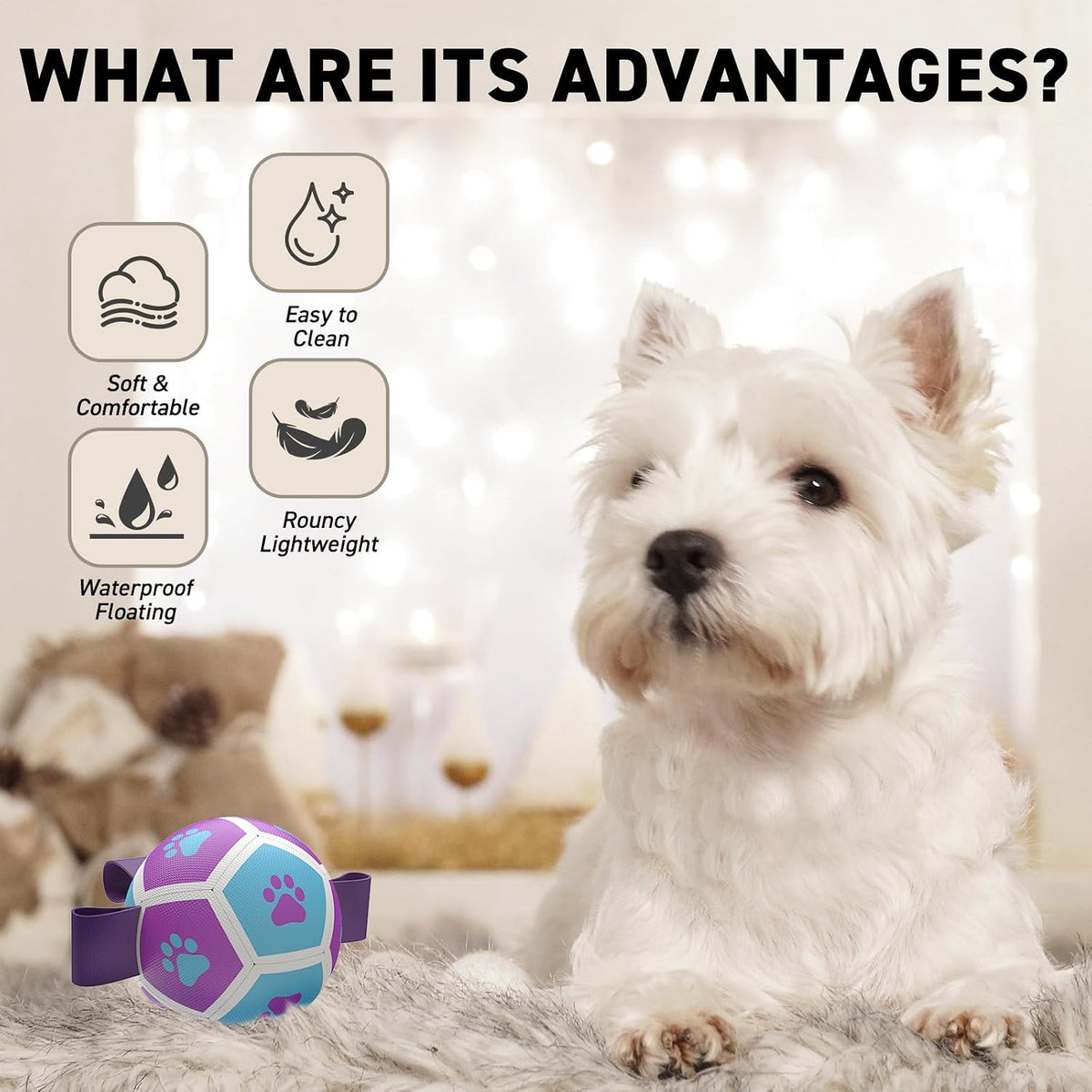 QDAN Small Dog Toys, Puppy Balls, Dog Balls with Straps for Small Breed | 3.5 Inch Small Soccer Ball for Dogs, Puppy Toys for 3-15 lbs Dogs, Dog Birthday Gift, Herding Ball for Small Dogs, Purple