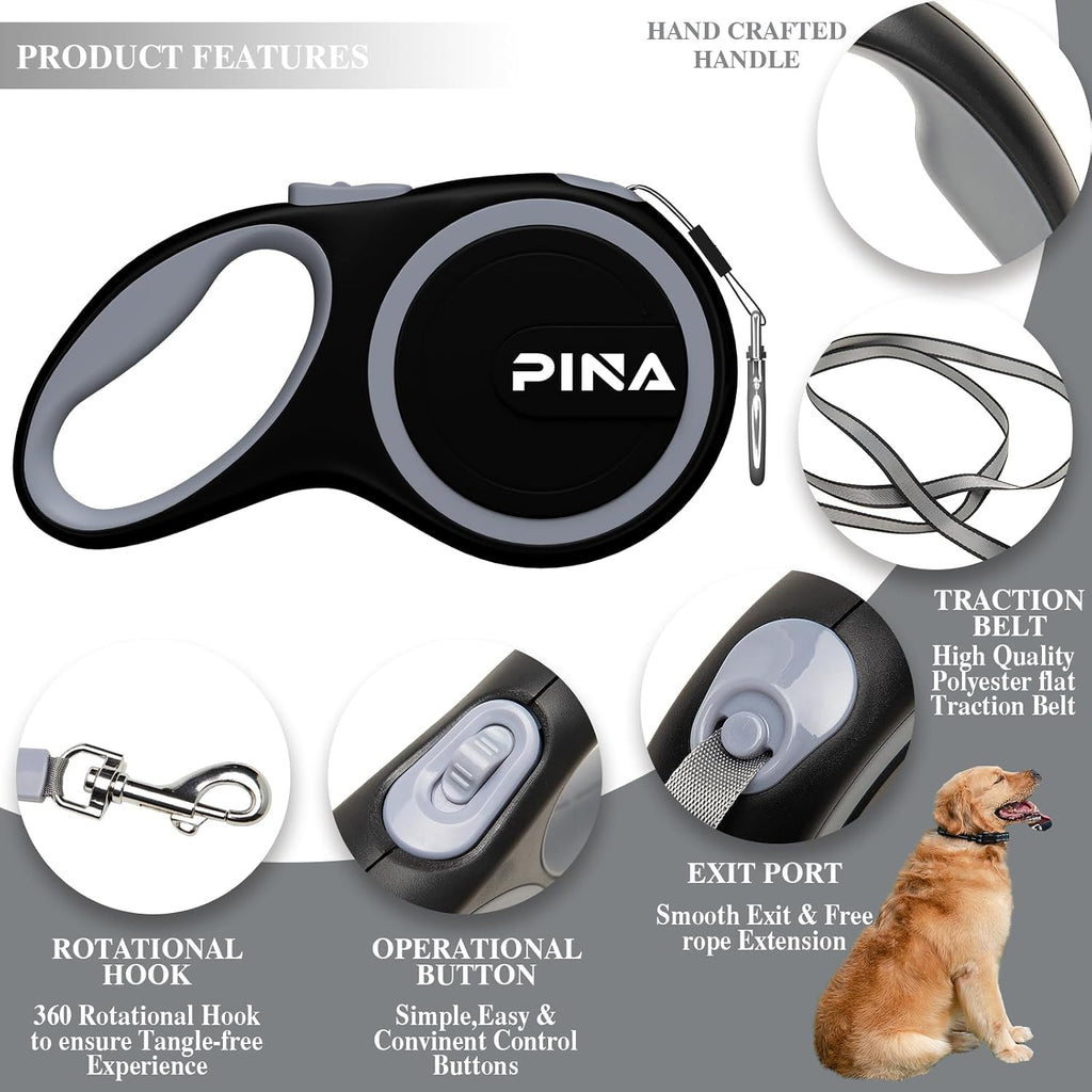 PINA Retractable Dog Leash, 26ft Dog Leash for Small Medium Large Dogs Up to 110lbs, 360° Tangle-Free Strong Reflective Nylon Tape, with Anti-Slip Handle, One-Handed Brake, Lock - Black Gray