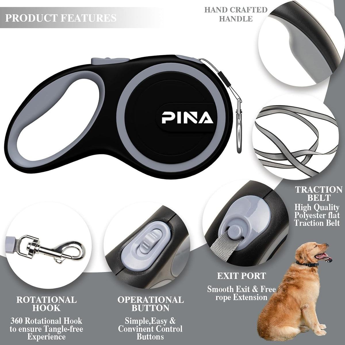 PINA Retractable Dog Leash, 26ft Dog Leash for Small Medium Large Dogs Up to 110lbs, 360° Tangle-Free Strong Reflective Nylon Tape, with Anti-Slip Handle, One-Handed Brake, Lock - Black Gray