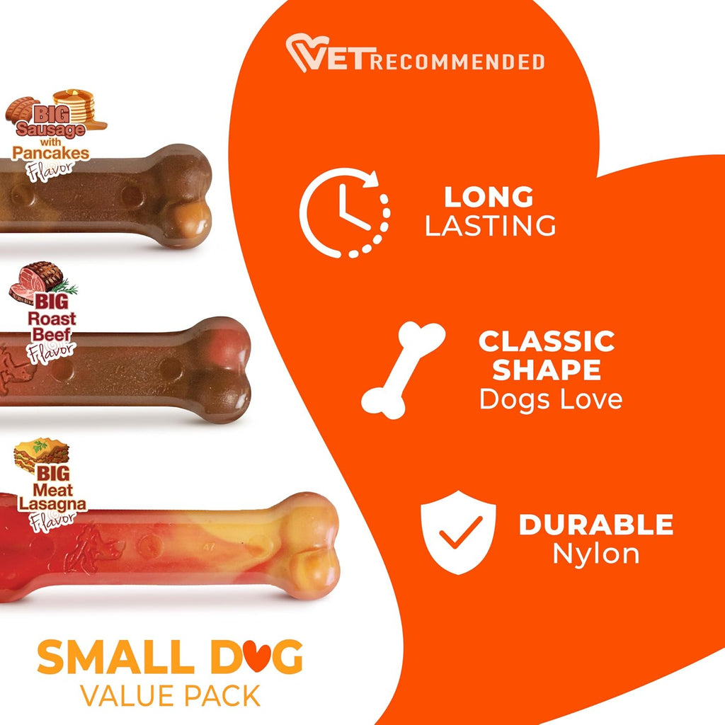 Nylabone Power Chew Original Bone Dog Chew Toys, X-Small, 3 Count | Pancakes & sausage, roast beef, & meat lasagna flavor, durable, long lasting, flavor throughout, for dogs up to 15 lbs
